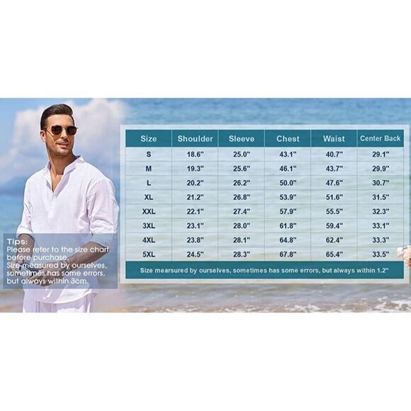 Men's Cotton Linen Henley Shirt Long Sleeve Casual Beach T Shirts Gray - Picture 7 of 7